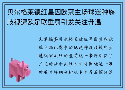 贝尔格莱德红星因欧冠主场球迷种族歧视遭欧足联重罚引发关注升温